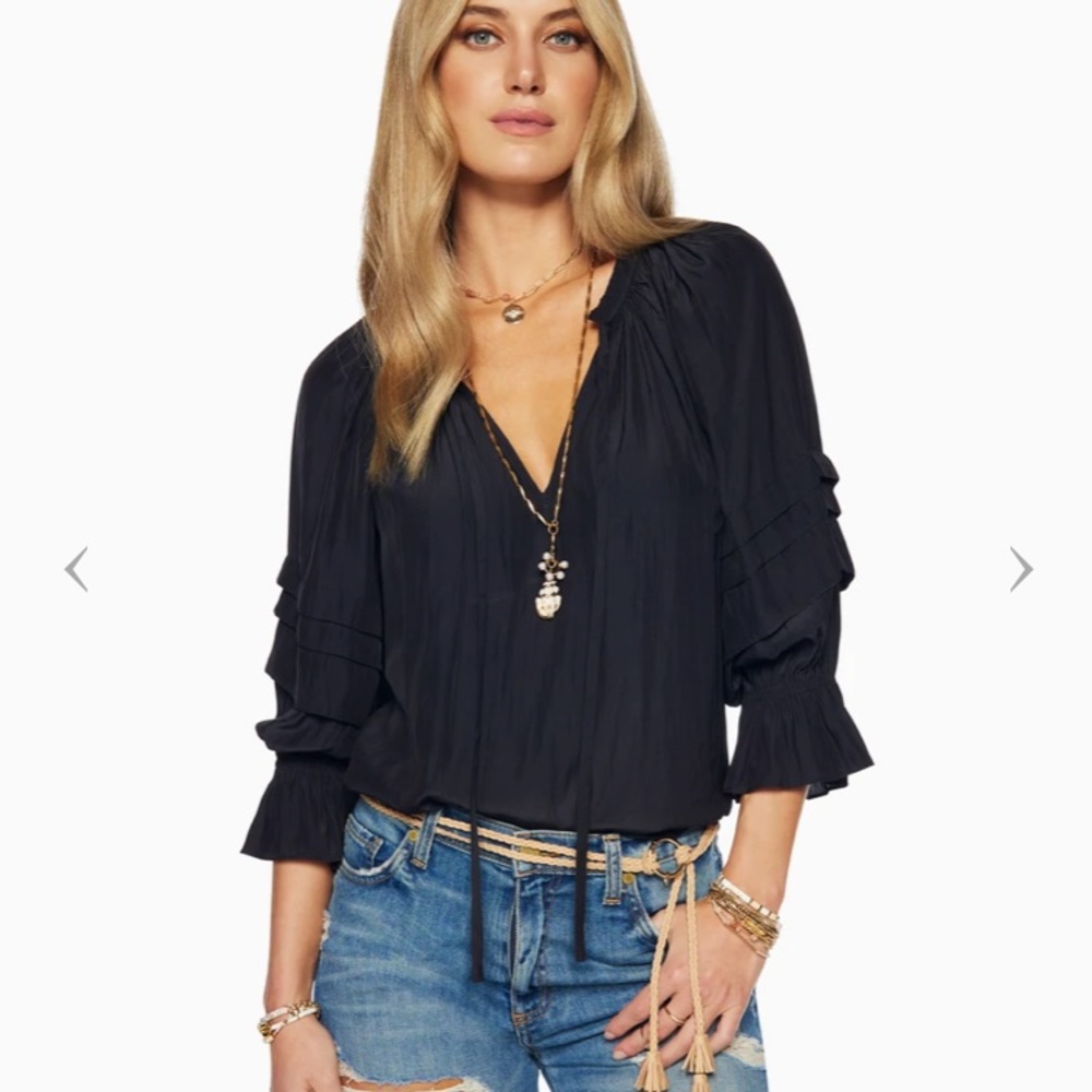 Ramy Brook New York Long Sleeved Deep Teal Blouse with Tassels-XS